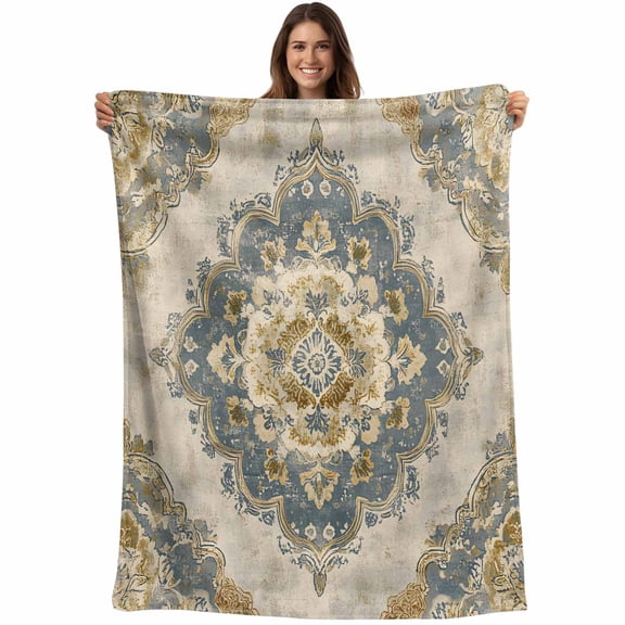 Blue Yellow Boho Blanket Soft Cozy Warm Throw Blanket for Couch, Plush Fuzzy Flannel Fleece Blankets for Sofa, Ethnic Vintage Southwestern Geometric Bed Blankets Lightweight Gifts for Women, 32"x48"