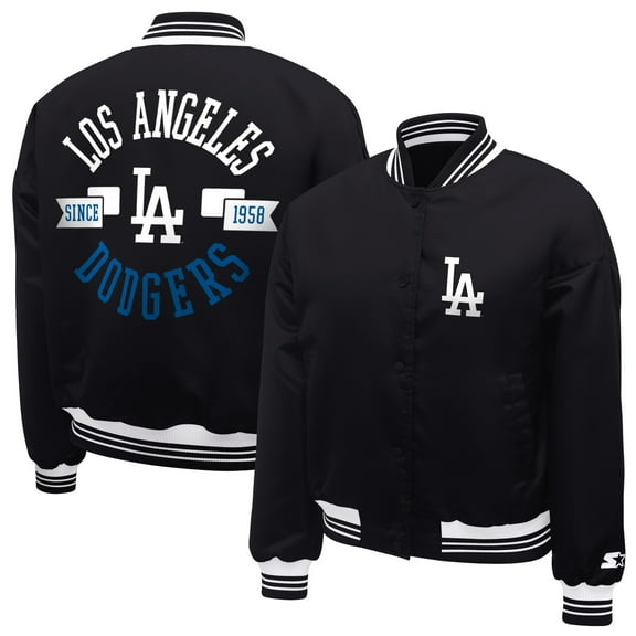 Women's Starter  Black Los Angeles Dodgers Printed Logo Cropped Satin Varsity Full-Snap Jacket