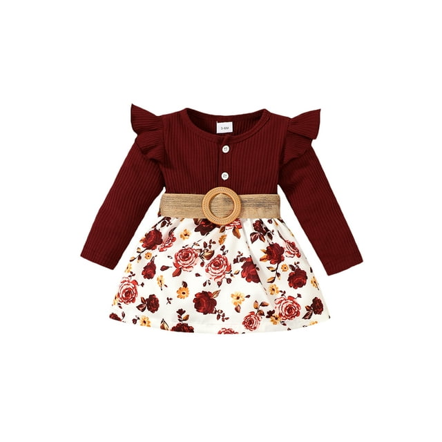 ZAXARRA Toddler Baby Girl Fall Spring Sweet Dress with Belt, Flower Print Ribbed Patchwork Ruffled Long Sleeve A-Line Dress