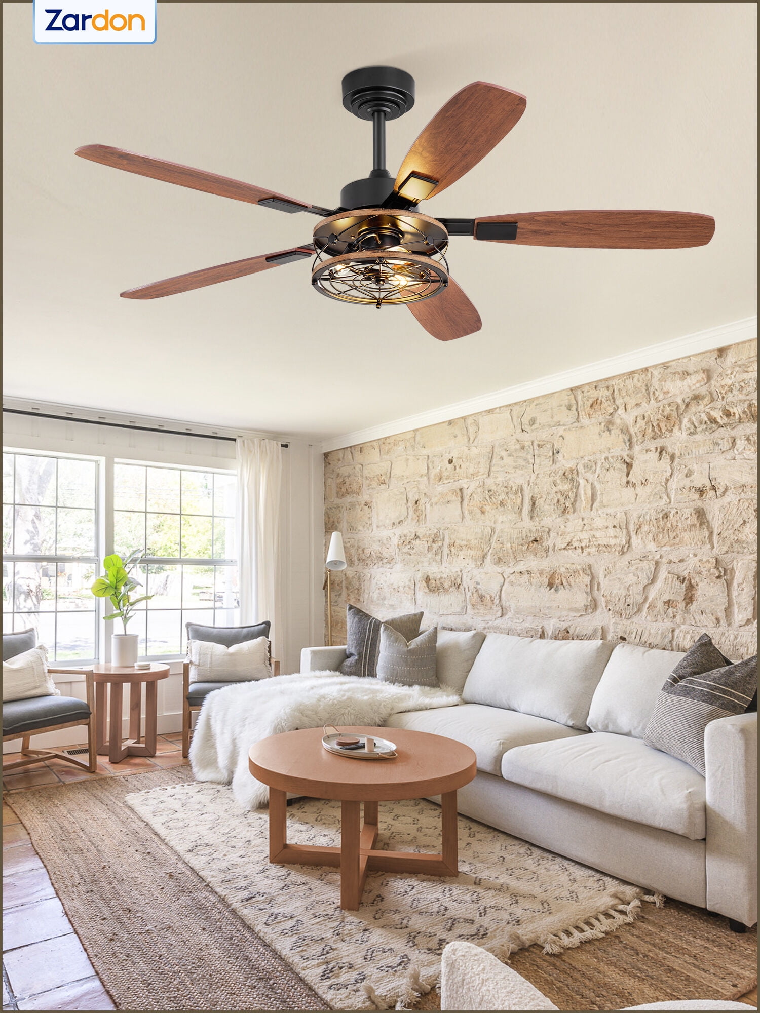 Zardon 52 Inch Farmhouse Ceiling Fan with Light and Remote Control, Quiet Reversible DC Motor, Closed Cage-like Shade, Dual-Finish Blades for Indoor