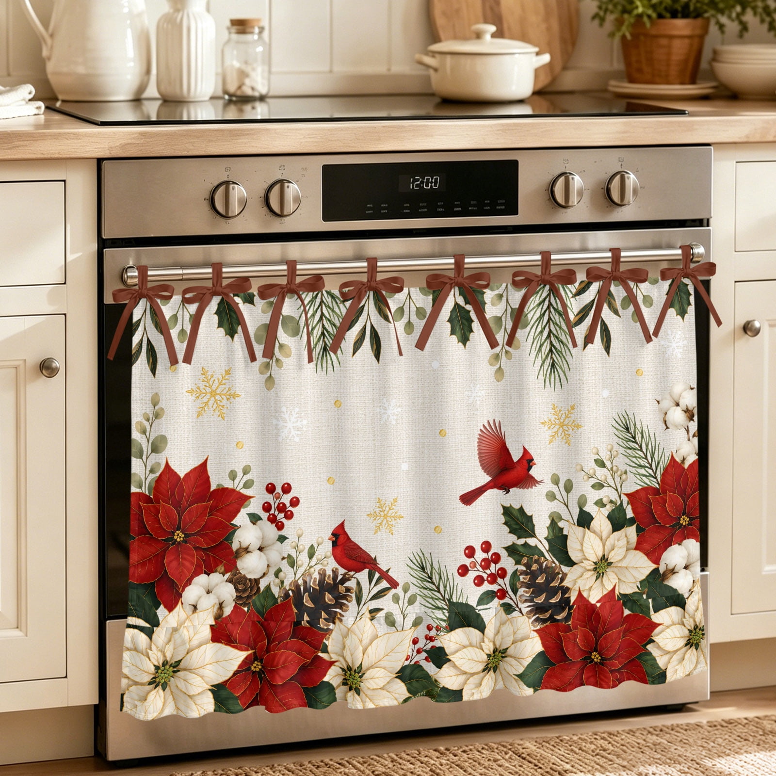 Oven Curtain for Kitchen Christmas Poinsettia Holly Berries Stove Curtain With Ruffled Trim Dishwasher Curtains Winter Snowflake Foliage Oven Skirt 27 x20