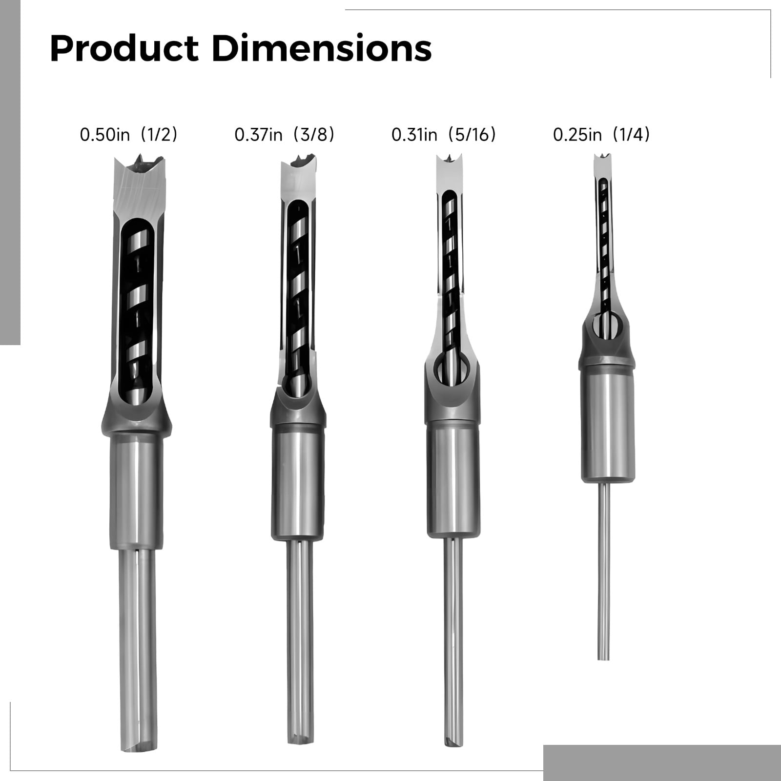 Woodworking Square Hole Drill Bit Set, 4 Pcs Steel Mortising Chisels for Mortise Machines, High-Speed Steel Hollow Chisel Bits for Precise Woodworking