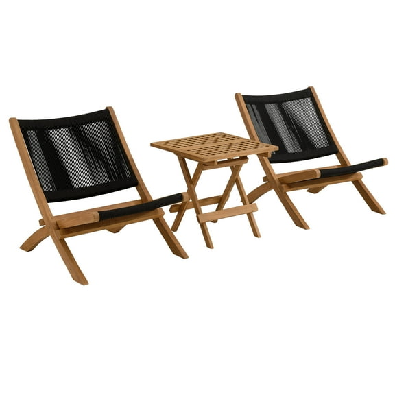 3 pcs Folding Lounge Chair and Side Table, Black, Teak Wood, Outdoor Patio Balcony Cafe Bistro Garden Hospitality Restaurant, Modern Contemporary, HB37256