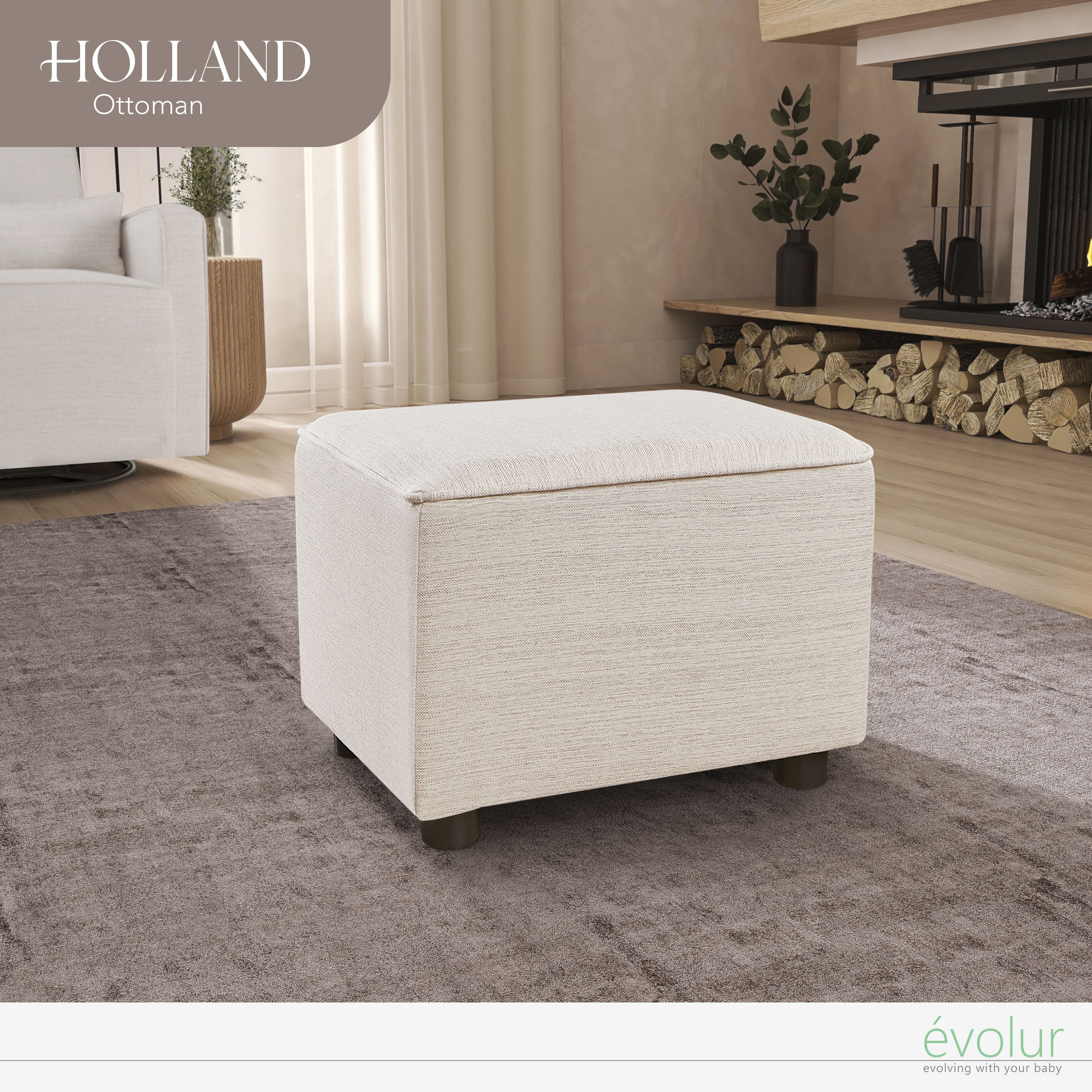 Evolur Holland Upholstered Ottoman, Modern Design In Thunder