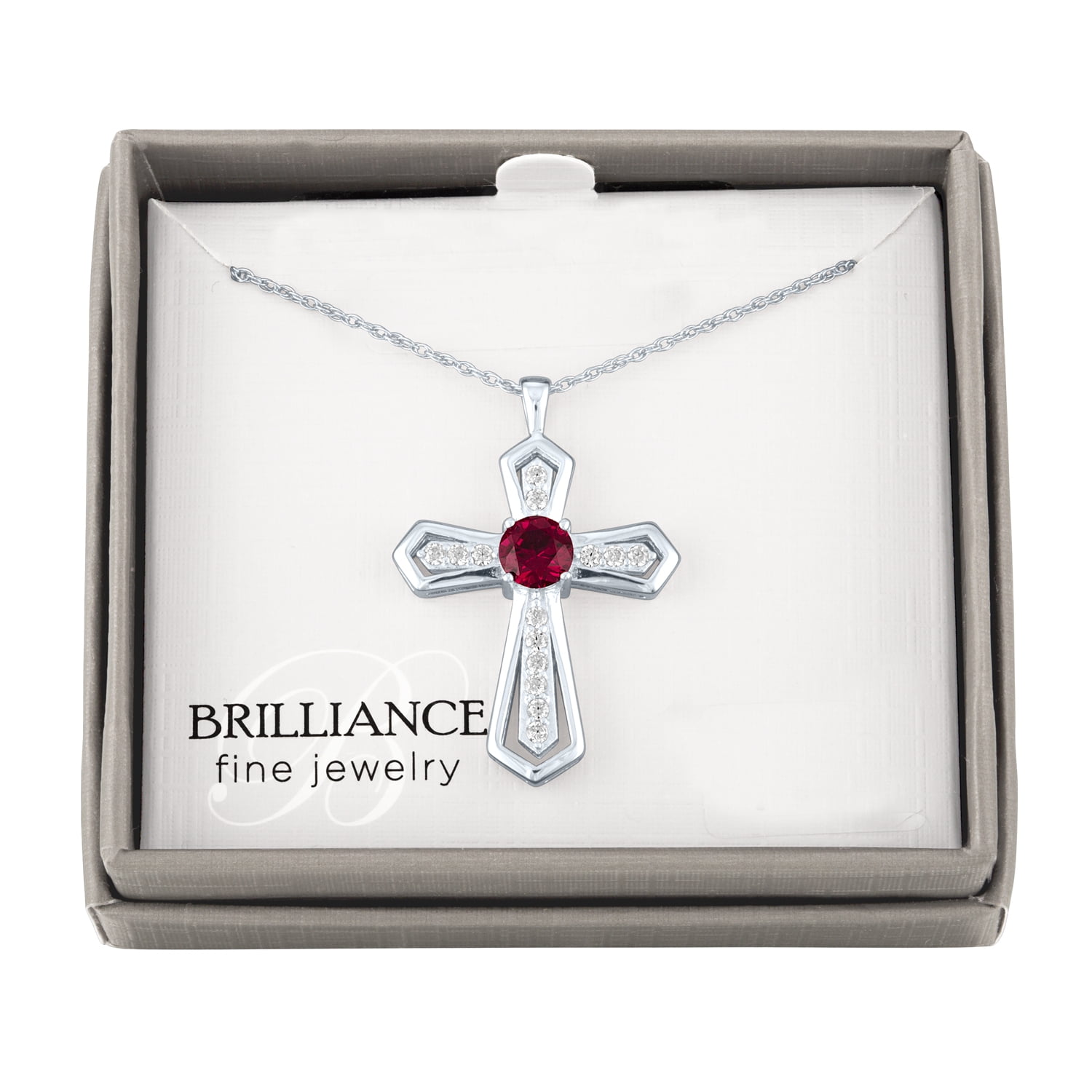 Brilliance Simulated Ruby and CZ Sterling Silver Cross Pendant, 18"