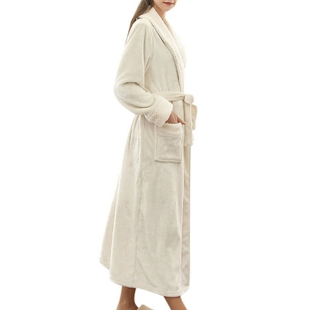 

Women Fleece Bathrobe Long Sleeve Pajamas Shawl Collar Robe Spa Robe Solid Color Warm Robes