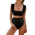 thumbnail image 3 of Deago Maternity High Waist Bikini Set Swimsuit Two Piece Ruffle Sleeve Cute Bathing Suit Ruched Pregnancy Swimwear (Black, S), 3 of 10