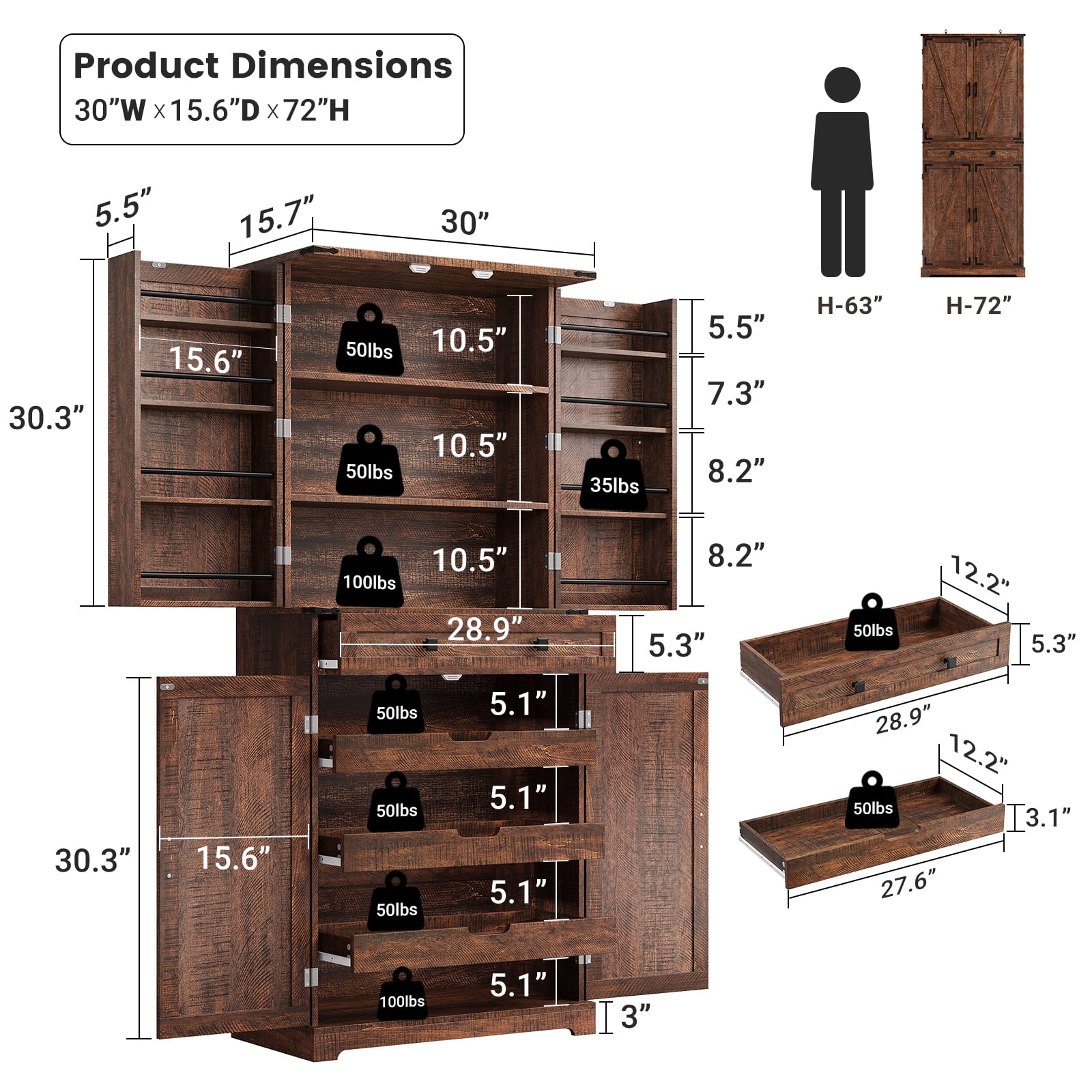 ELYKEN 72" Kitchen Pantry Storage Cabinet with Adjustable Shelves and Drawer, Rustic Brown