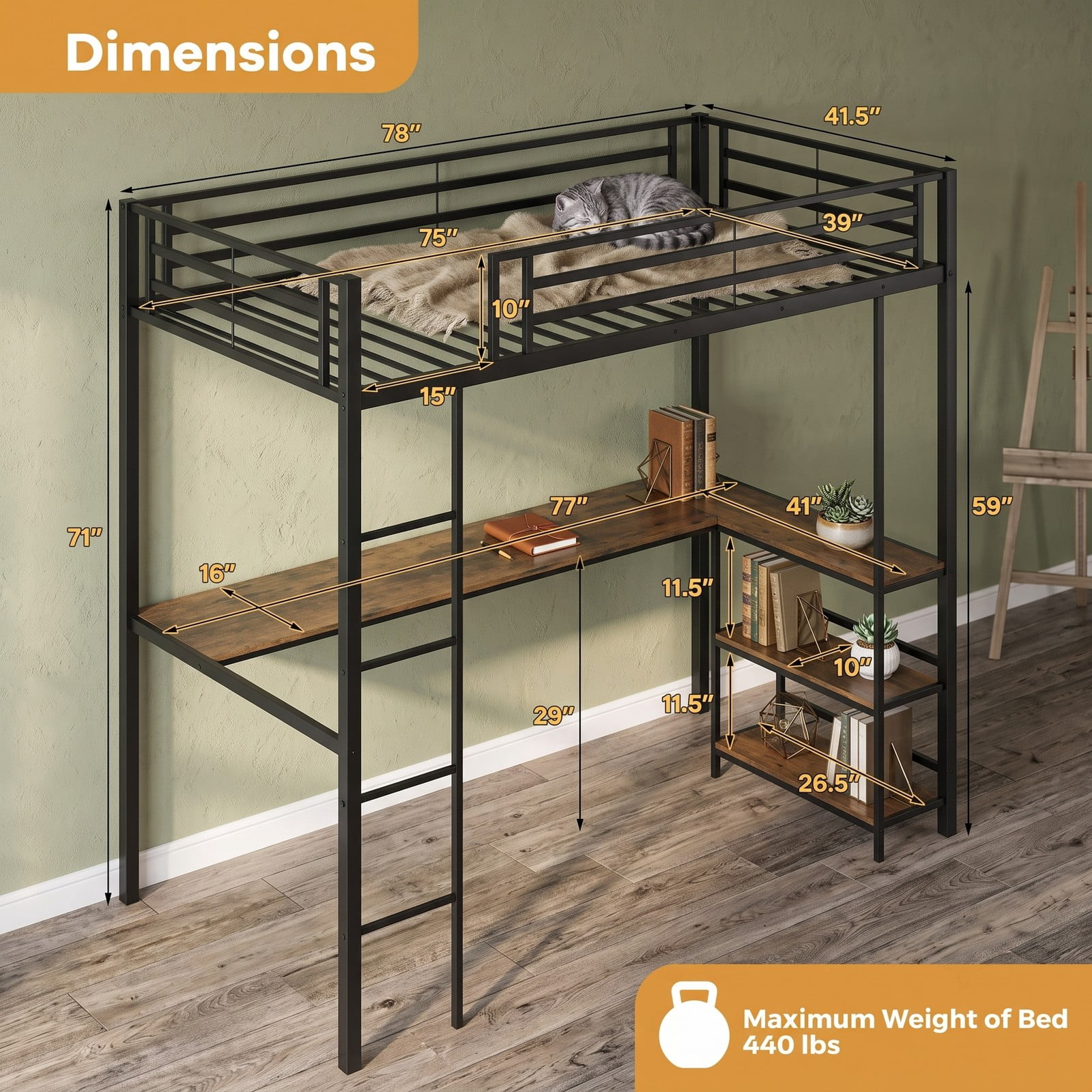 Furnibear Twin Size Loft Bed with Desk and 2 Storage Shelves for Teens Dorm Bedroom, Metal Loft Bed Frame with LED Lights and Ladder, Black