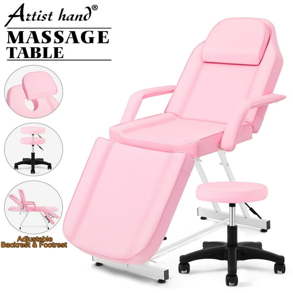 Artist Hand Facial Bed Massage Table Adjustable Tattoo Barber Spa Beauty Salon Chair with Stool (Pink)