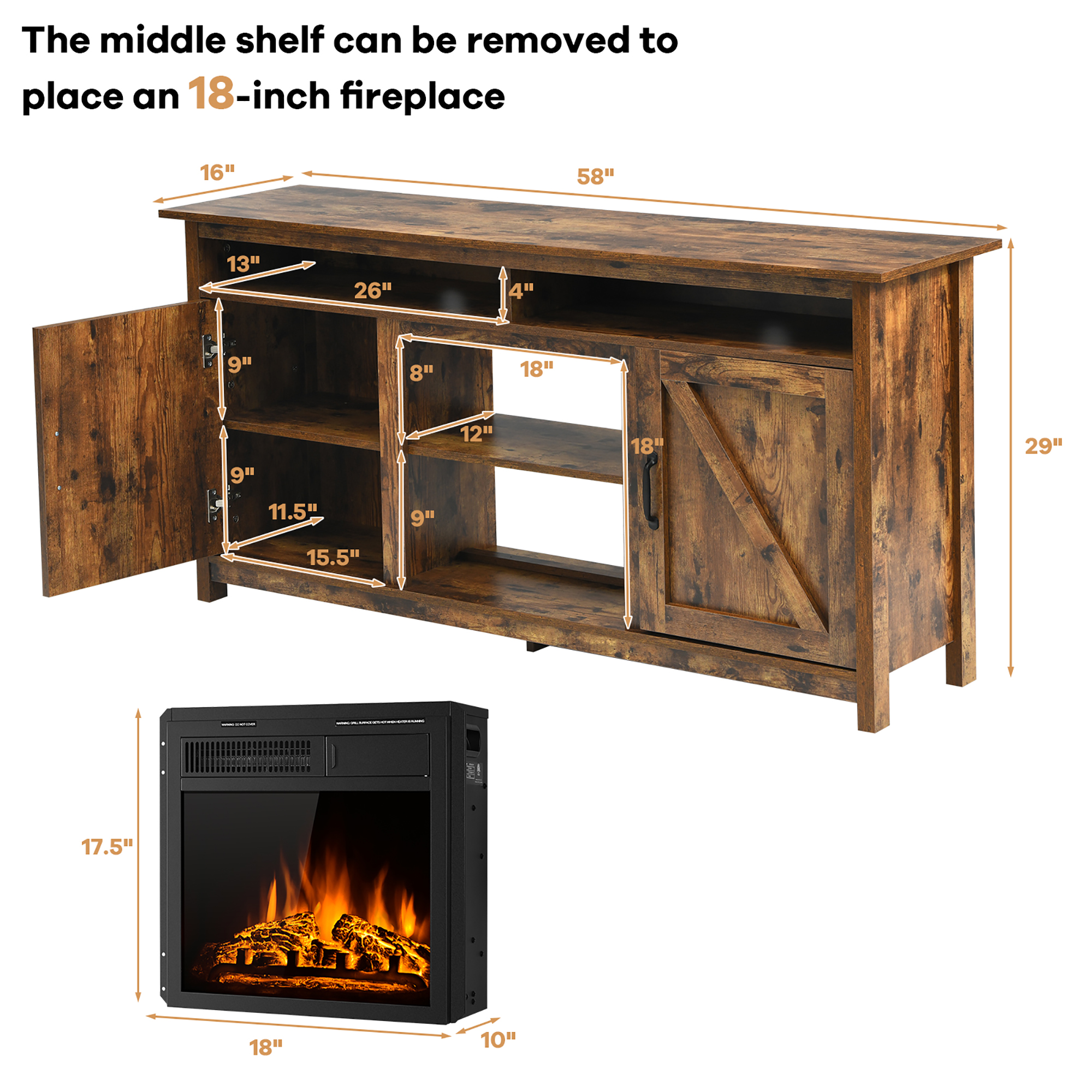 Costway 60'' Industrial Fireplace TV Stand W/18'' 750W/1500W Electric Fireplace - image 3 of 8