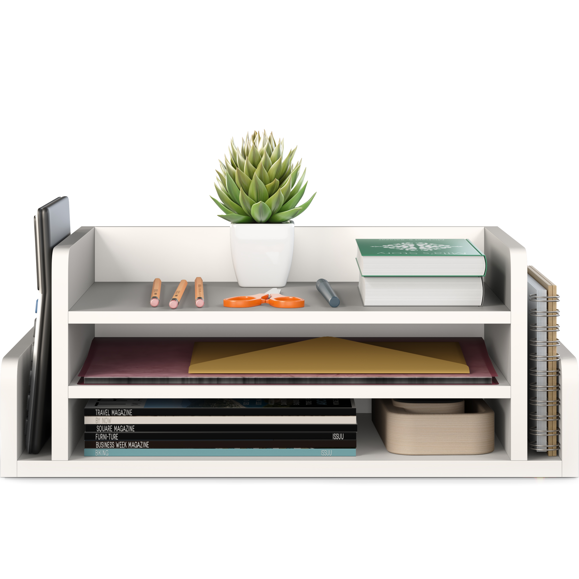 Ballucci 3-Tier Desk Organizer with 2 Side Mail Sorter Slots, Office Letter Tray, White