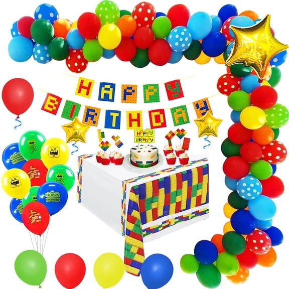 Birthday Decorations Boy, Building Block Balloon Birthday Decoration Party Child Happy Birthday Banner for Girl Birthday Baby Shower Decor