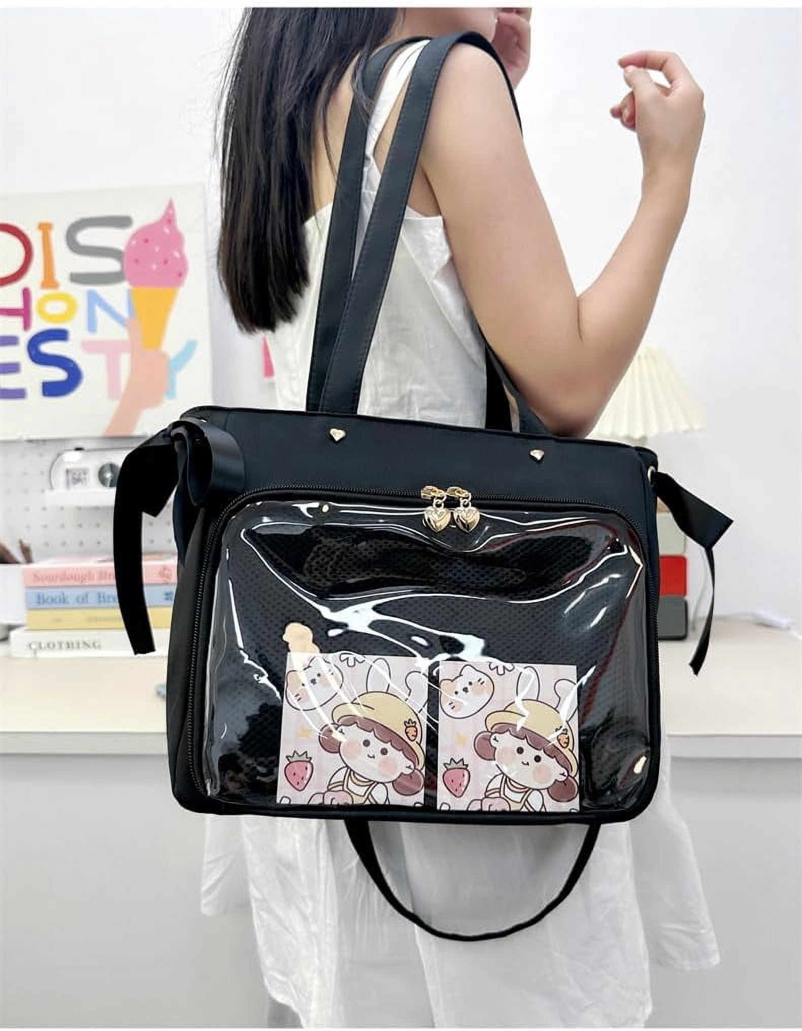 JUYGO Cute Ribbon Japanese Ita Bag Large Tote Crossbody Bag Messenger Bag for Women Aesthetic Bag Y2K Purse (White)