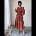 thumbnail image 4 of Vestido de Otoño para Invitada de Boda, con Mangas Largas, Volantes, Cuello Redondo, y Fluido. Marrón M, 4 of 7