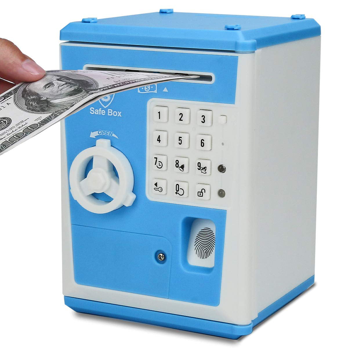 Electronic Voice Fingerprint Safe Money Bank Coin Box Mini ATM Kids Toys Blue 
