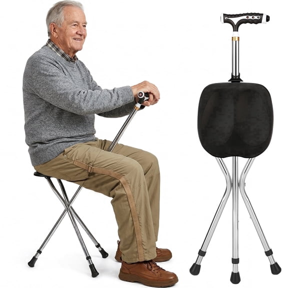 Vessgra Folding Cane with Seat, Adjustable Walking Cane with LED Light, Tripod Base, Black