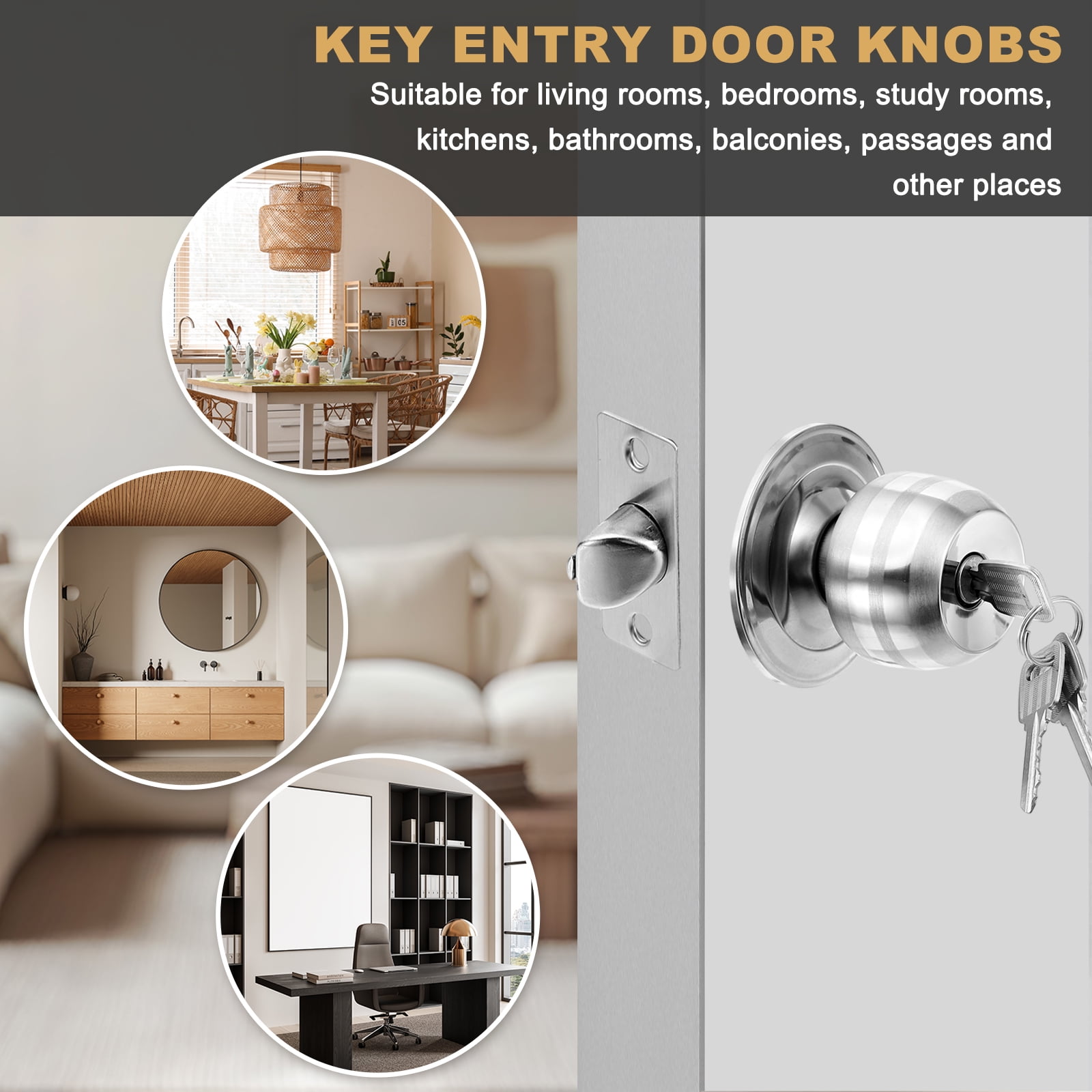 Keyed Entry Door Knobs, 50mm (1-31/32") Backset Stainless Steel Round Lock for Bedroom Bathroom