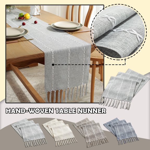SeekLGT Farmhouse Tablecloth Hand Woven Tasseled Table Runner Boho Cotton Linen Tablecloth for Dining Table Holiday Parties, 1 pc
