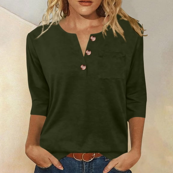 Women's Button V-Neck Tee with Pocket, 3/4 Sleeve Casual Loose Fitting T-Shirt Tops Green M