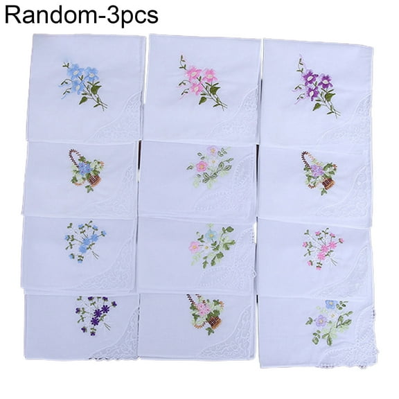 NUZYZ 3Pcs Square Handkerchief Flower Embroidered Pocket Lace Cotton Napkin Towel