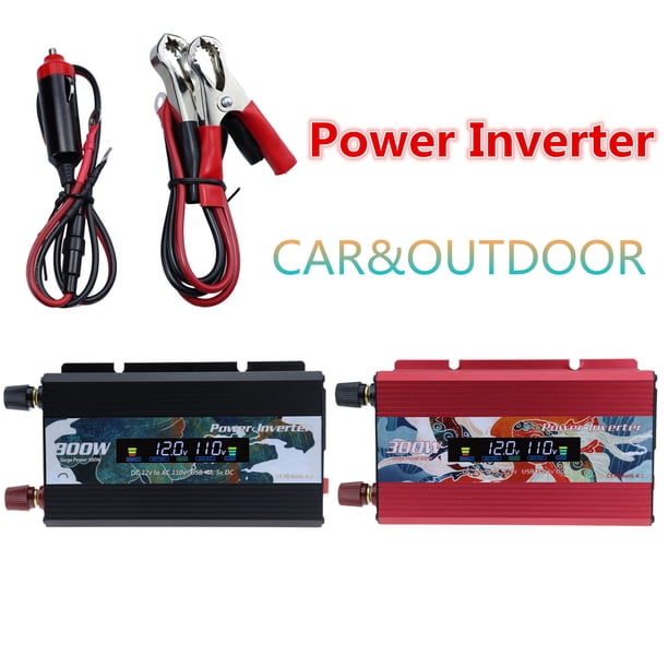 Inversor de alimentación de onda senoidal pura de 300W de 12V a 110V CA - adaptador para coche con 2 puertos USB, pantalla LCD y abrazaderas para batería para portátiles, televisores, teléfonos