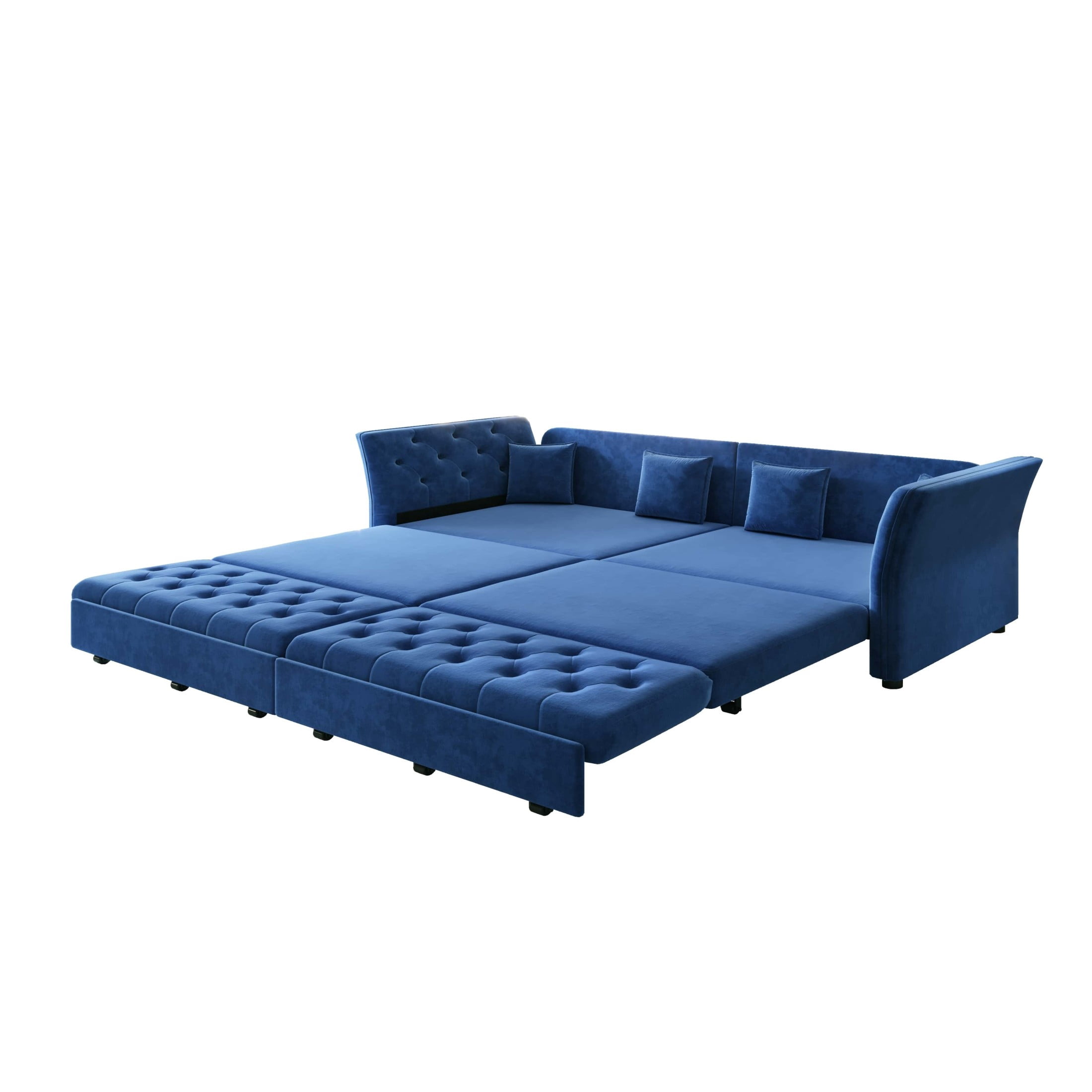 Noble House 100" Oversized Velvet Pull Out Sofa Bed, 3-in-1 Convertible Sleeper with Fabric Flower Tufting, Blue