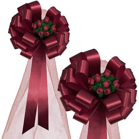 Burgundy Pull Bows with Tulle Tails and Rosebuds - 8" Wide, Set of 6, Valentine's Day, Wedding Pew Bows, Aisle Decoration, Reception