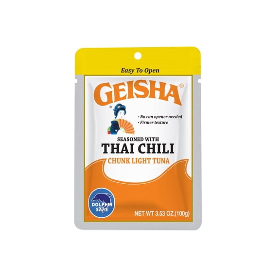GEISHA Chunk Light Tuna Seasoned with Thai Chili Sauce 3.53oz (Pack of 12), Tuna| HALAL & Kosher Certified – Gluten Free – Wild Caught – Dolphin Safe Catch – Good Source of Protein