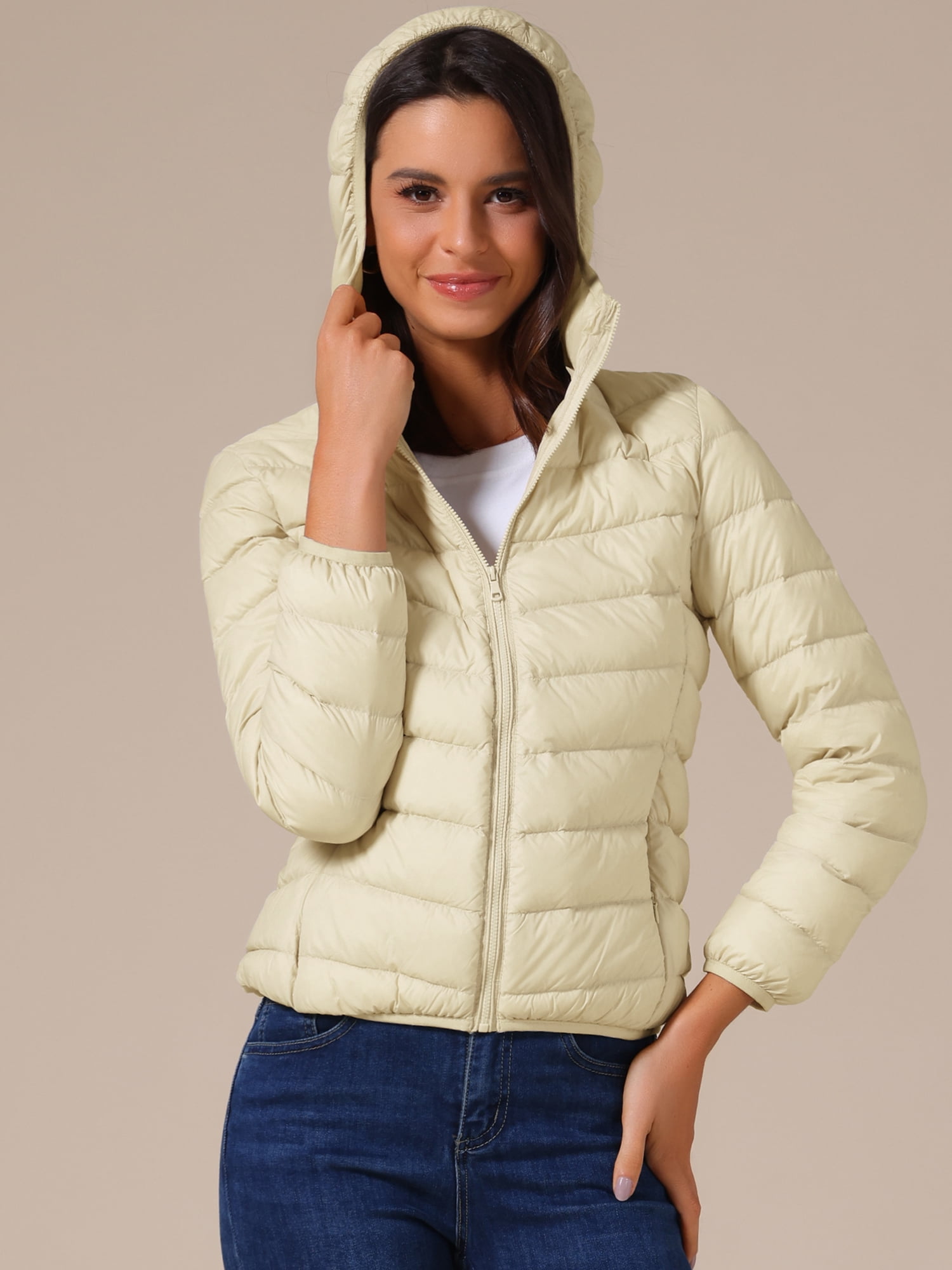 DARING DIVA Women's Hooded Packable Puffer Jacket XL Apricot White