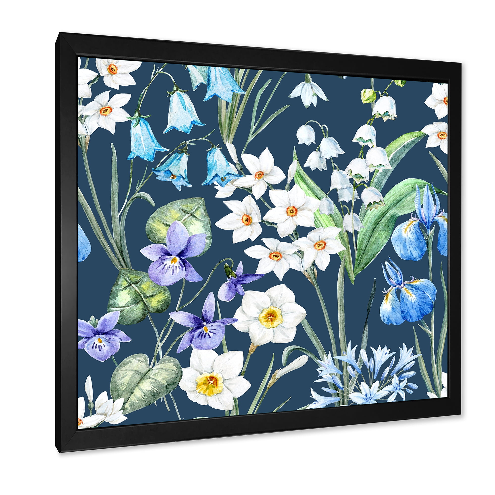 Blue and White Spring Flowers On Dark Blue 30 in x 30 in Framed Painting Canvas Art Print, by Designart