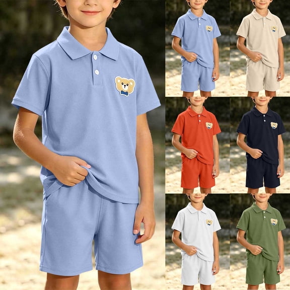 BXJX Boys Summer Outfit Sets Size 8 T, Short Sleeve School Collared 2 Piece Polo Shirts and Shorts Sets Sky Blue