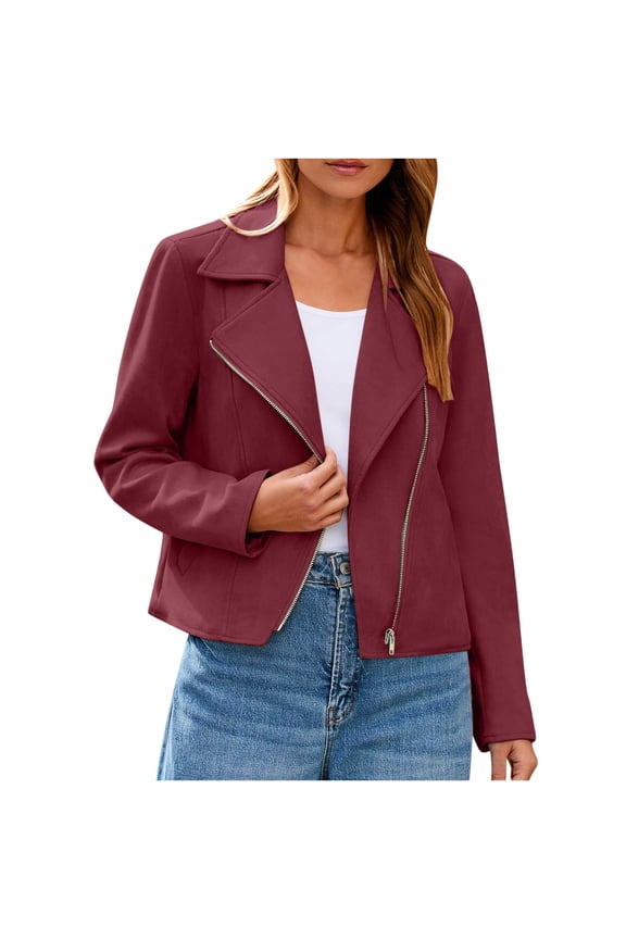 Womens Jackets Faux Suede 2026 Fall Winter Clothes Casual Zipper Cropped Coat Bomber Biker Moto Jackets Outwear (XL, Wine)