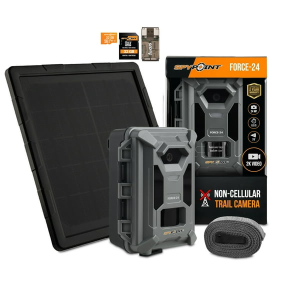 Spypoint Force-24MP Non-Cellular Trail Camera, 70ft Detection Range Bundle with Solar Panel and 32GB Memory Card and Card Reader (4 Items)