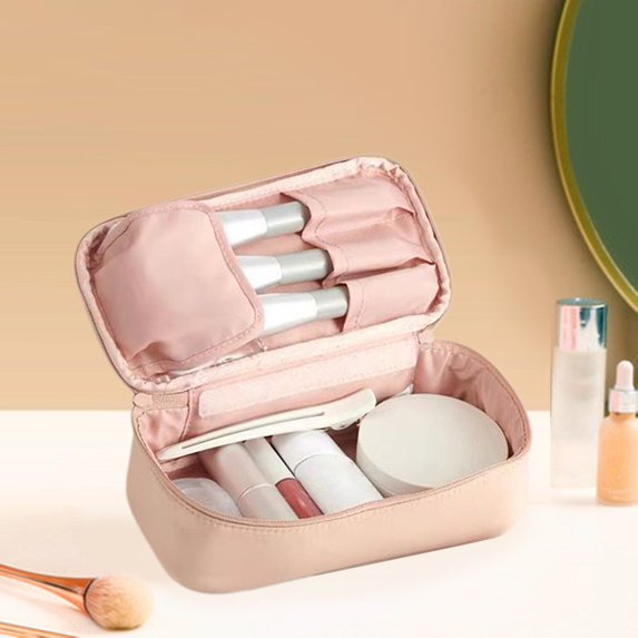 Washranp Women Cosmetic Storage Bag,Portable Solid Color Cloth Travel Toiletry Bag with Double Zipper and Multiple Dividers for Organizer Tool