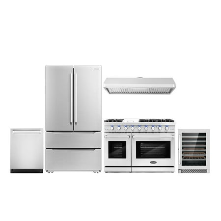 Cosmo 5 Piece Kitchen Appliance Package with 48  Freestanding Gas Range 48  Under Cabinet Mount 24  Built-in Fully Integrated Dishwasher French Door Refrigerator & 48 Bottle Wine Refrigerator