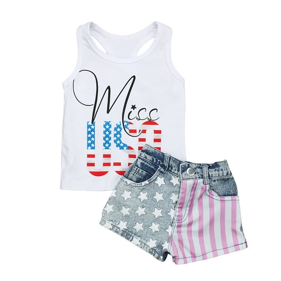 Oiyii Infant Girls Independence Day Outfits Vintage Tank Top Denim Shorts Set, Sizes 6M-4T