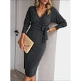 thumbnail image 6 of Women's Long Sleeve Sweater Dress Side Split Bodycon Dresses Fall Midi Long Deep V Neck Fitted Spring Casual, 6 of 8