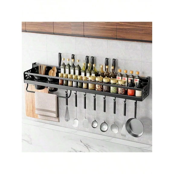 1pc Large Space-Saving Wall-Mounted Kitchen Organizer With Hooks- No-Drill Metal Rack