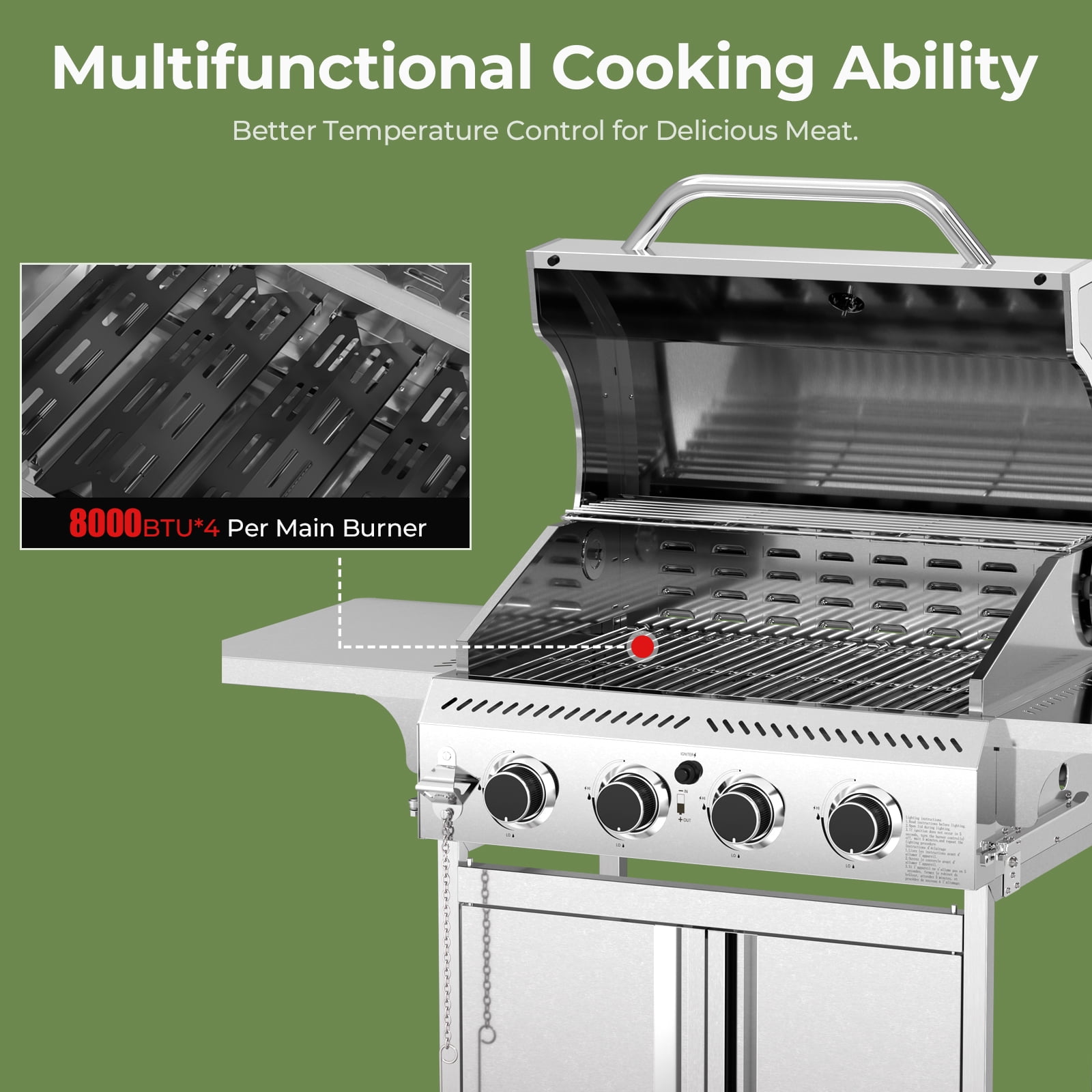 WAA 4-Burner BBQ Propane Gas Grill,32000 BTU Outside Stainless Steel Barbecue Propane Grill,Ideal for Outdoor Cooking Camping Park Balcony