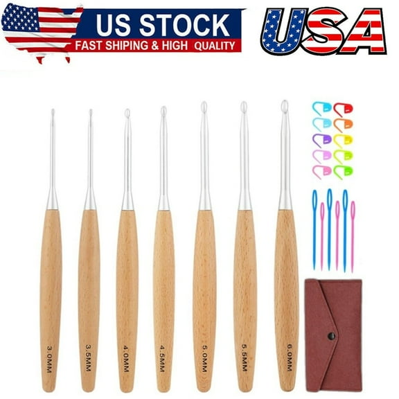 Beech Wood Crochet Hooks Set with Case,Ergonomic Handle Crochet Hooks Set 3~6mm