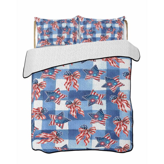 Quilts Queen Size Bedding Set, 250th Anniversary Reversible Summer Quilt 3 Pieces, 4th of July Blue Red Stars Bow Plaid Lightweight Bedspreads Coverlets with 2 Pillow Shams for All Seasons