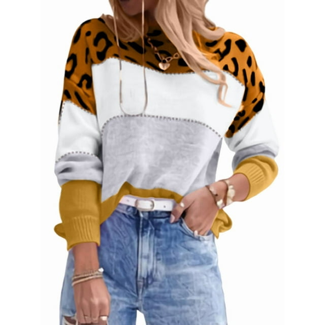Suéter de Rayas con Estampado de Leopardo para Mujer, Cuello Redondo, Larga, Tejido con Bloques de Color Amarillo XXL