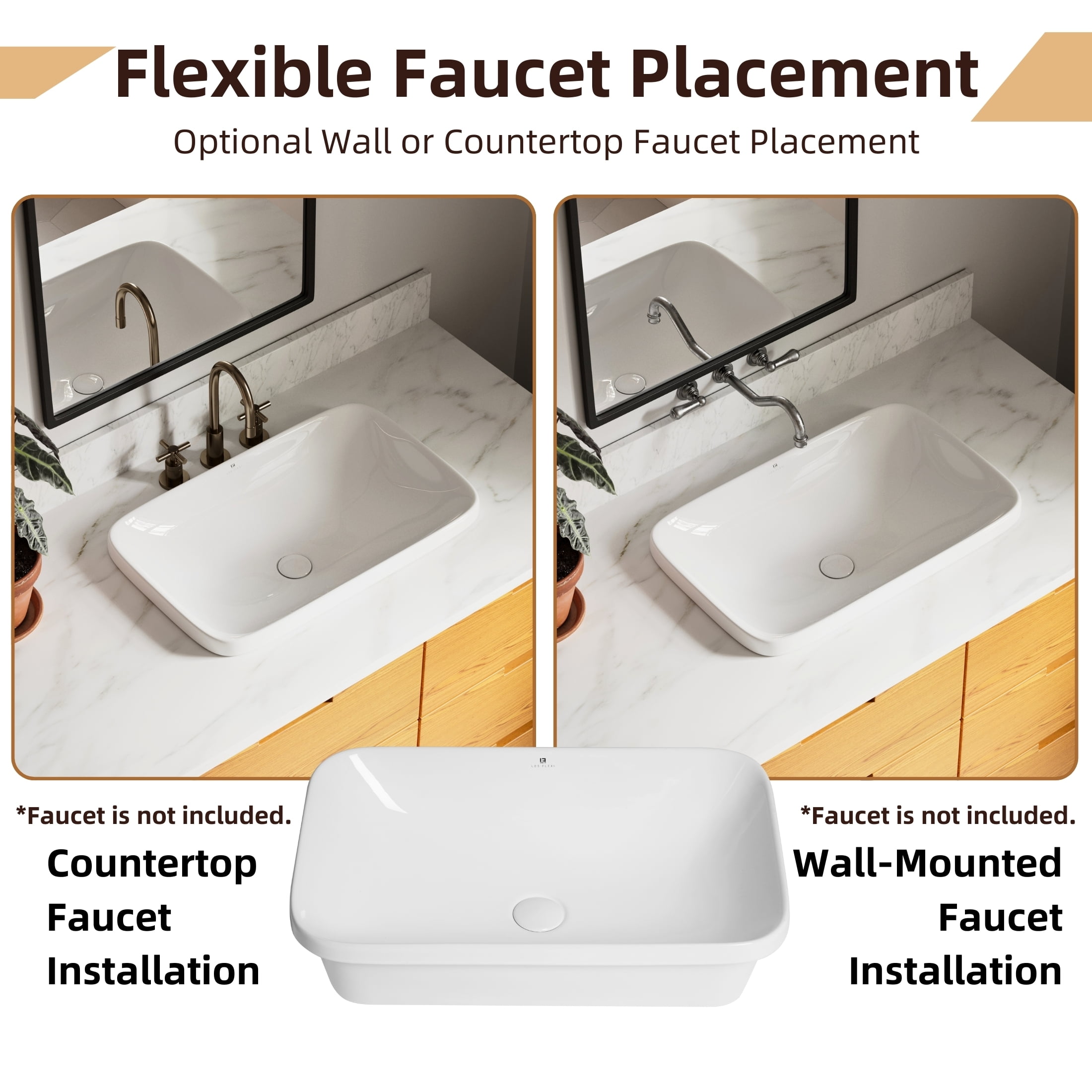 Los Flexi 24″ x 15″ Rectangular Drop In Bathroom Sink, Semi-Recessed Bathroom Sink Without Overflow, Pop-Up Drain Included