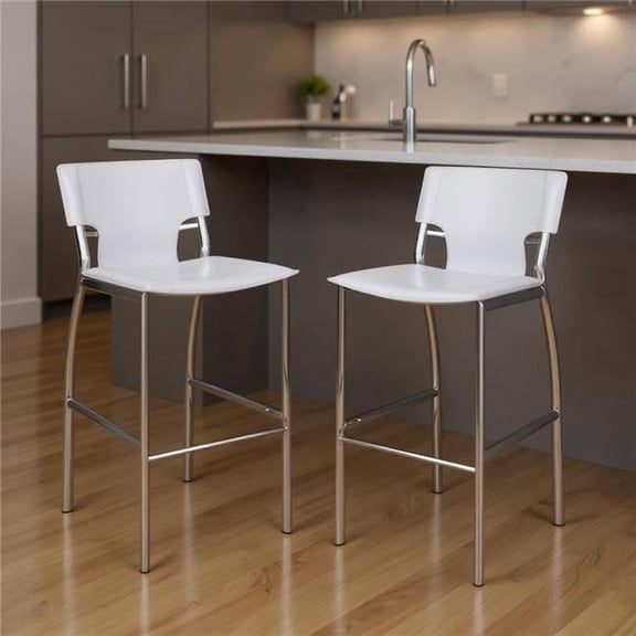 HomeRoots 555052 25 in. White & Silver Faux Leather & Metal Low Back Counter Height Bar Chairs - Set of 2