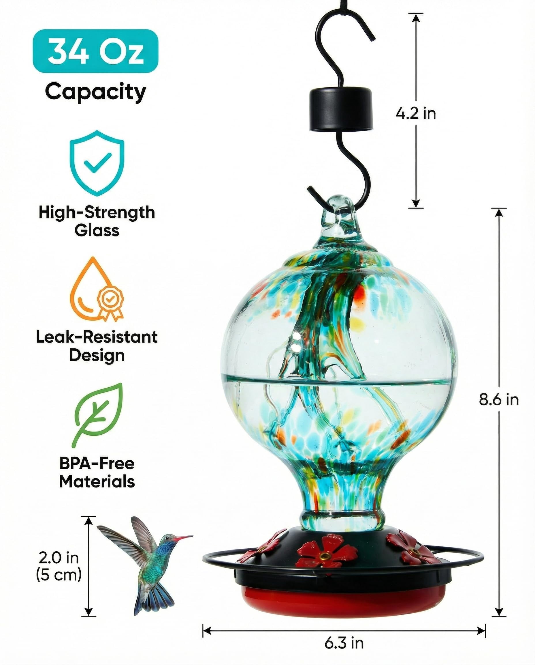 Rainforest Blue Hand Blown Glass Hummingbird Feeder, 34 Oz Outdoor Hanging