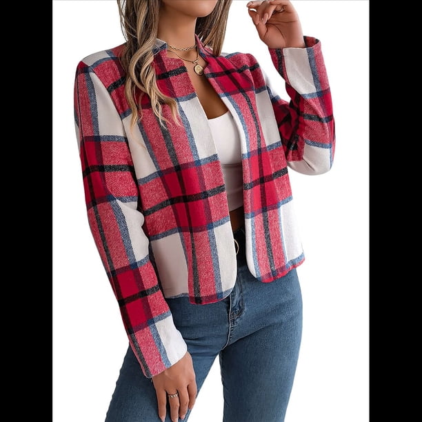 Chaqueta Corta A Cuadros para Mujer, Camisas de Larga con Botones y Tops Rojo XL