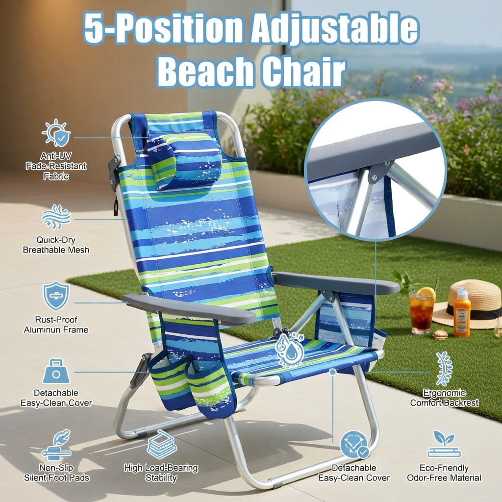 Hommoo 2-Pack Foldable Beach Chair with Pillow, 5-Position Reclining Outdoor Lounge Chair for Beach, Pool & Camping, Blue