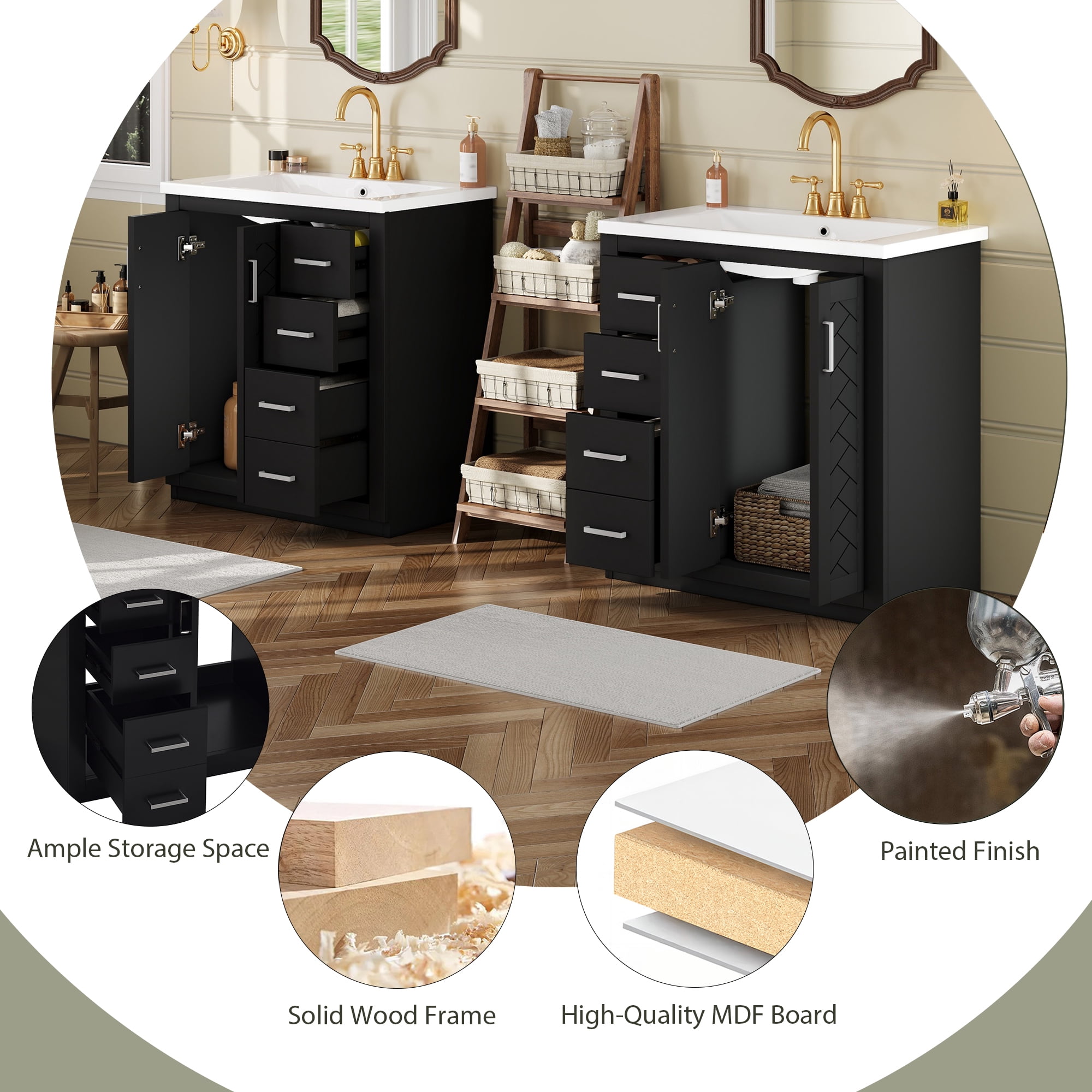 Euroco 60'' Bathroom Vanity with Ceramic Sink Combo,Solid Wood Frame Bathroom Storage Cabinet, Freestanding Vanity Set with 3 Drawers& Soft Closing Doors