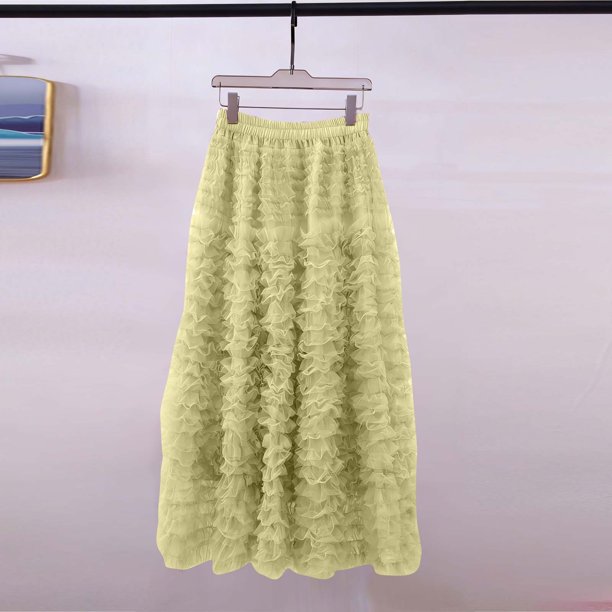 TaTaai Women Casual Solid Tulle Elastic Waist Layered Cake Skirt Knee Length Street Style Party Wear Lightweight Breathable Non-See-Through Stylish Skirt Gift